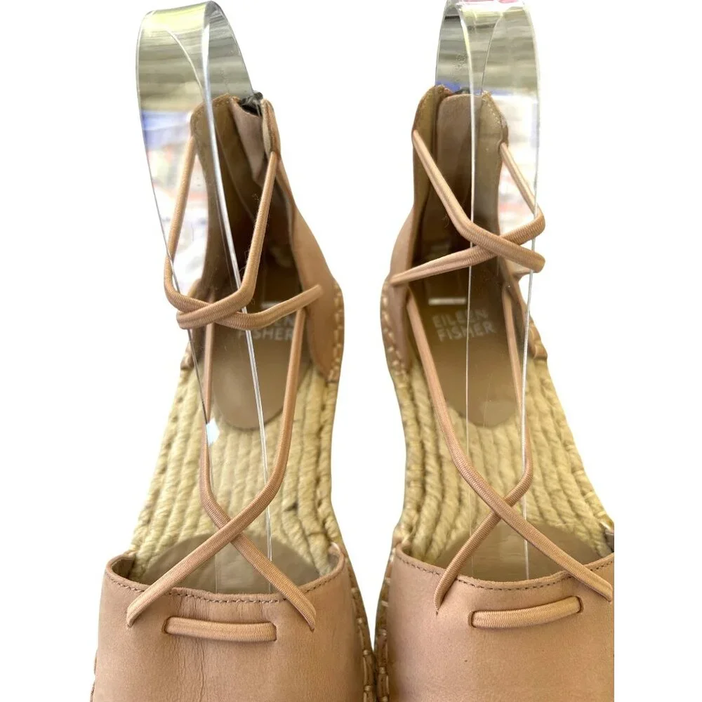 Eileen Fisher Lace Up Leather Espadrilles Rose Pink Zip Heels‎ Size 5.5 Flats